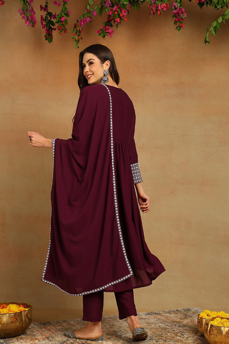 Burgundy Poly Georgette Yoke Design Suit Set | SHOBITAM