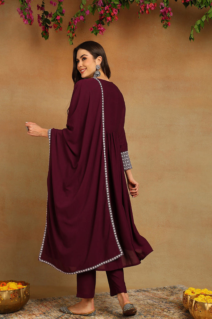 Burgundy Poly Georgette Yoke Design Suit Set | SHOBITAM