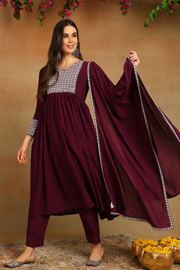 Burgundy Poly Georgette Yoke Design Suit Set | SHOBITAM