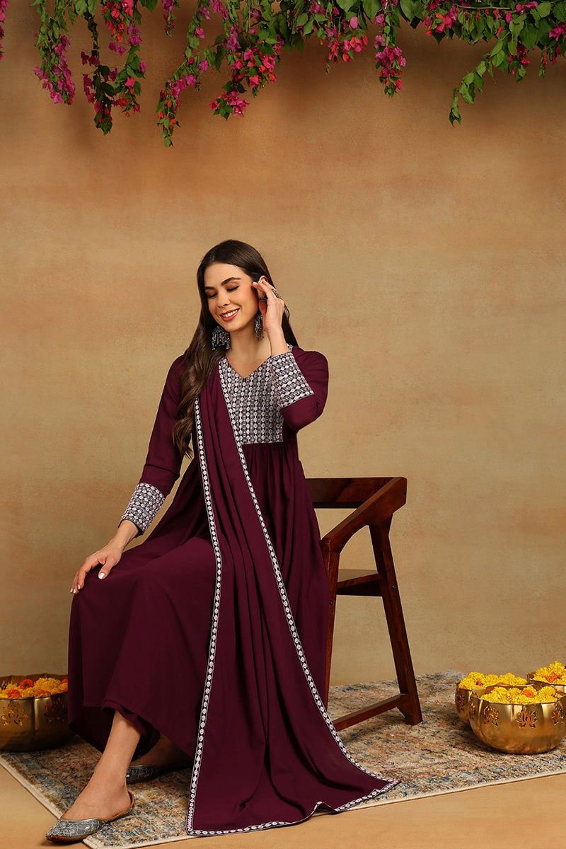 Burgundy Poly Georgette Yoke Design Suit Set | SHOBITAM