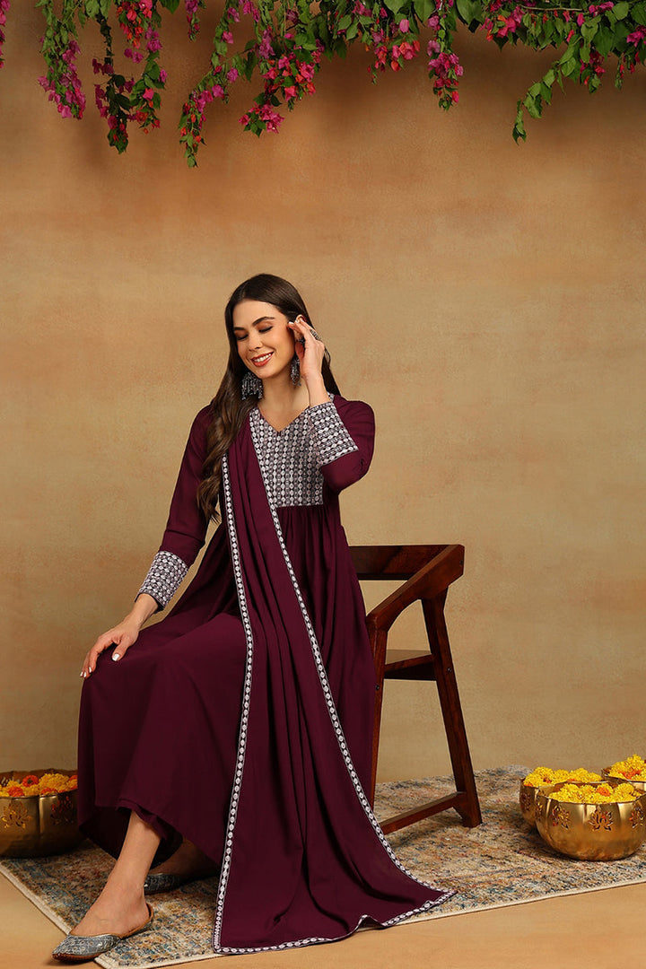 Burgundy Poly Georgette Yoke Design Suit Set | SHOBITAM