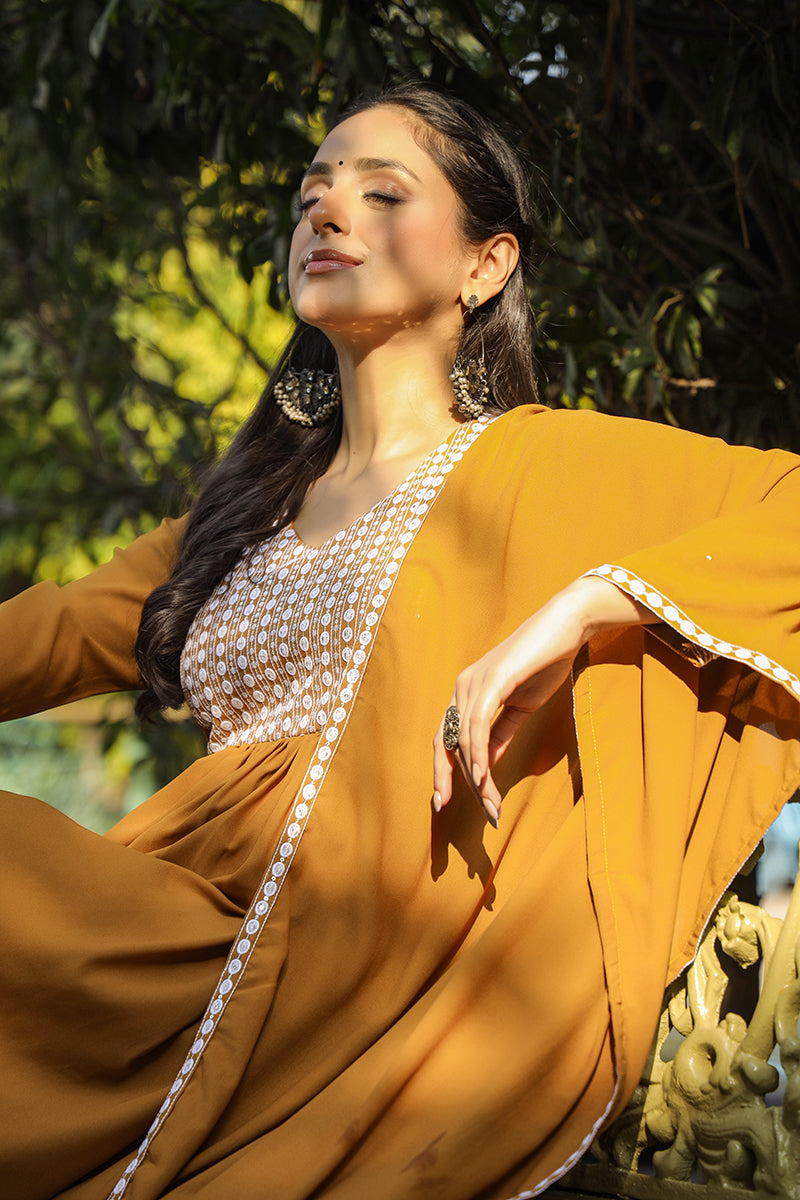 Mustard Poly Georgette Yoke Design Suit Set | SHOBITAM