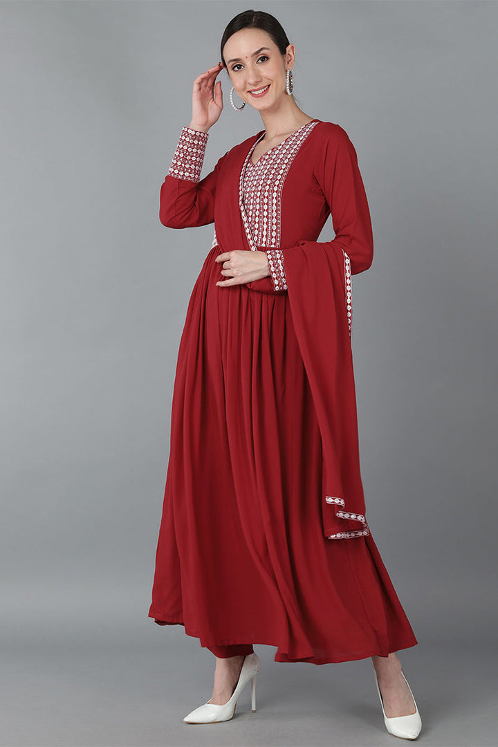Red Poly Georgette Yoke Design Suit Set | SHOBITAM