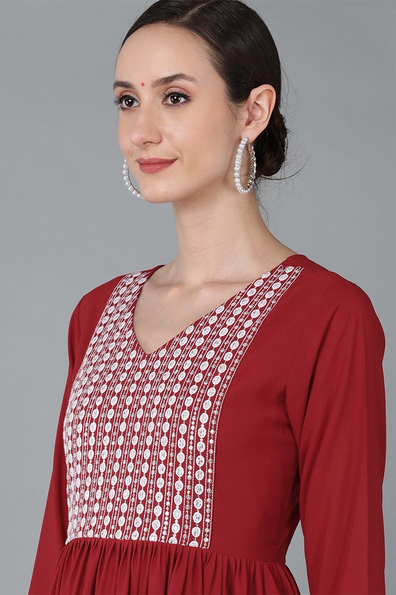 Red Poly Georgette Yoke Design Suit Set | SHOBITAM