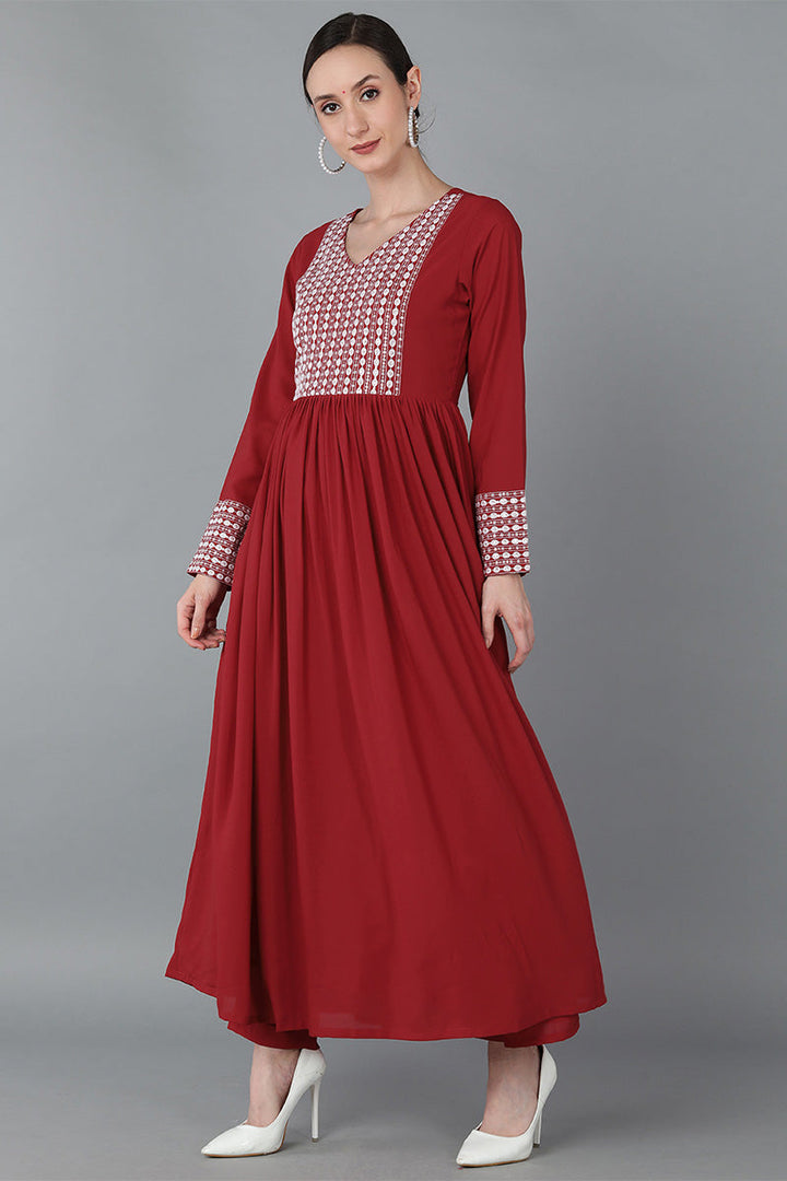 Red Poly Georgette Yoke Design Suit Set | SHOBITAM