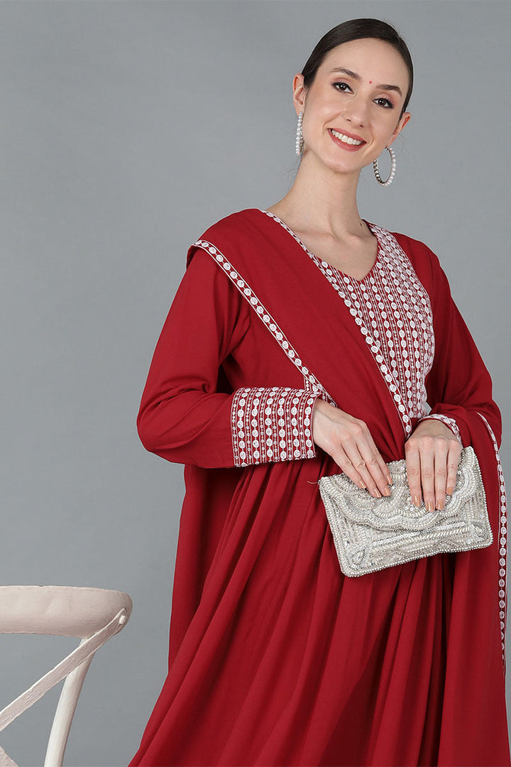 Red Poly Georgette Yoke Design Suit Set | SHOBITAM