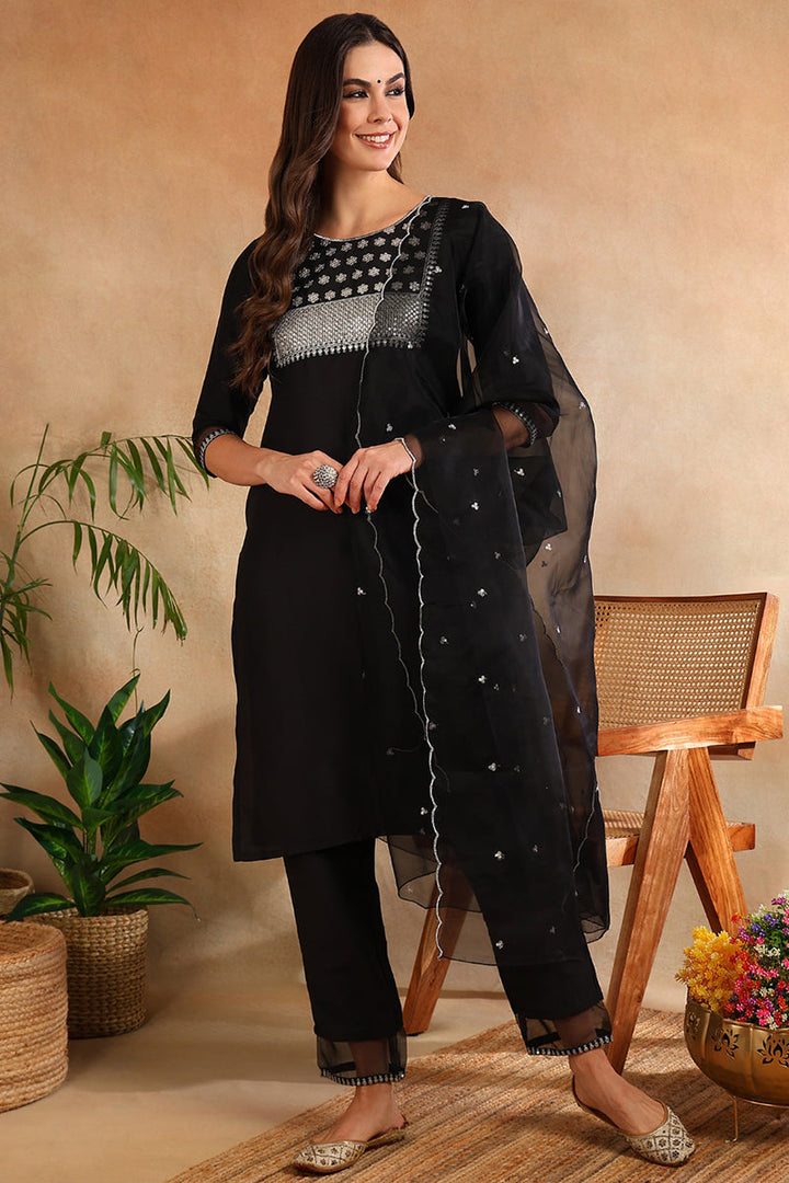 Black Poly Silk Straight Suit Set | SHOBITAM