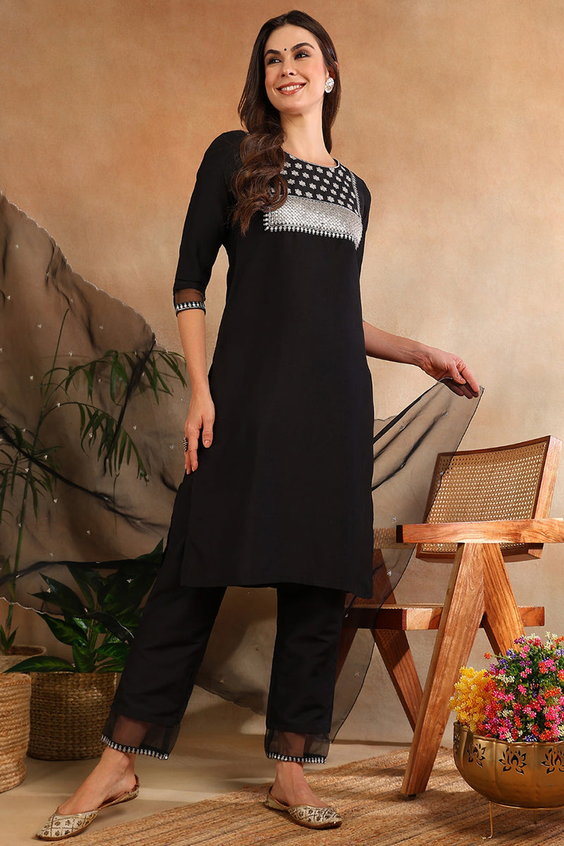 Black Poly Silk Straight Suit Set | SHOBITAM