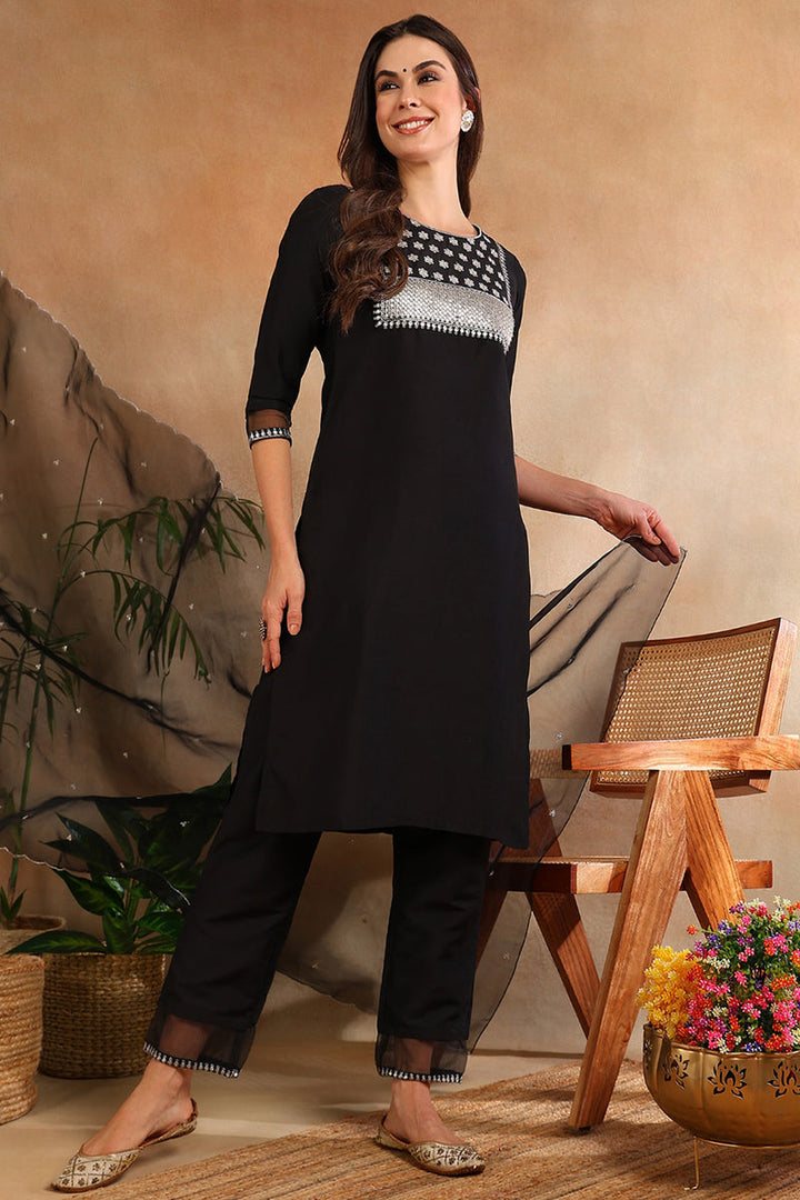 Black Poly Silk Straight Suit Set | SHOBITAM