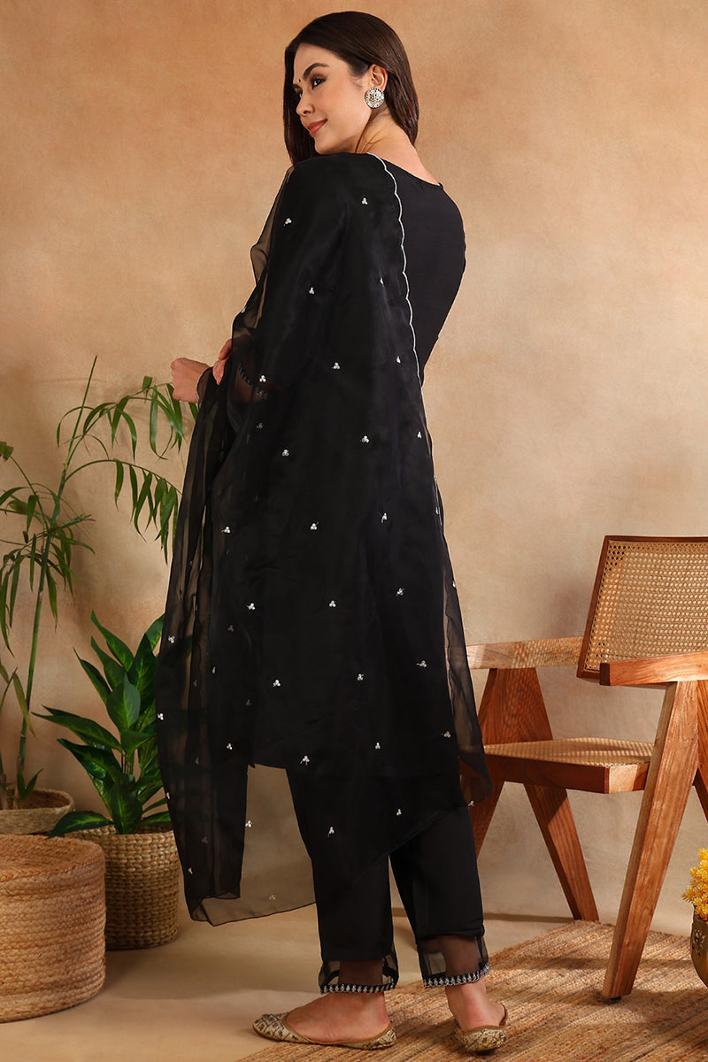 Black Poly Silk Straight Suit Set | SHOBITAM