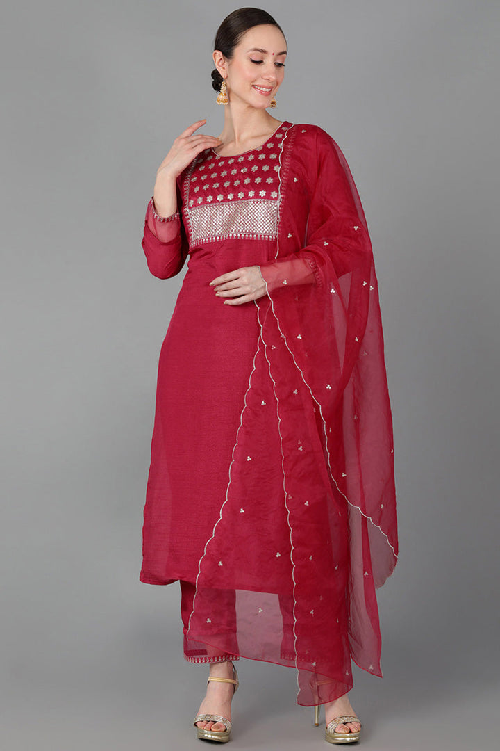 Fuchsia Red Poly Silk Straight Kurta Pant With Dupatta | SHOBITAM