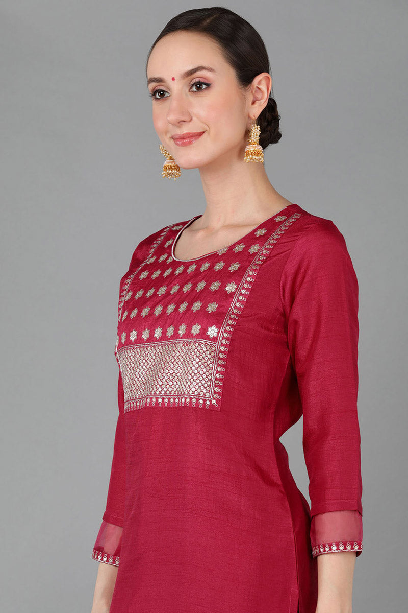 Fuchsia Red Poly Silk Straight Kurta Pant With Dupatta | SHOBITAM