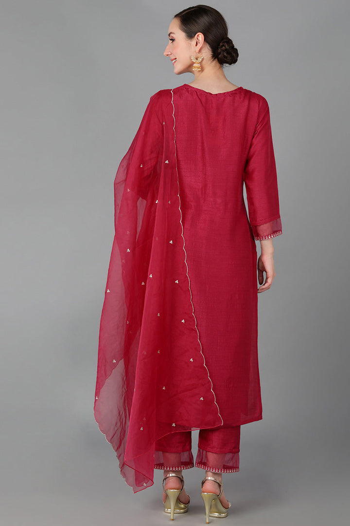 Fuchsia Red Poly Silk Straight Kurta Pant With Dupatta | SHOBITAM