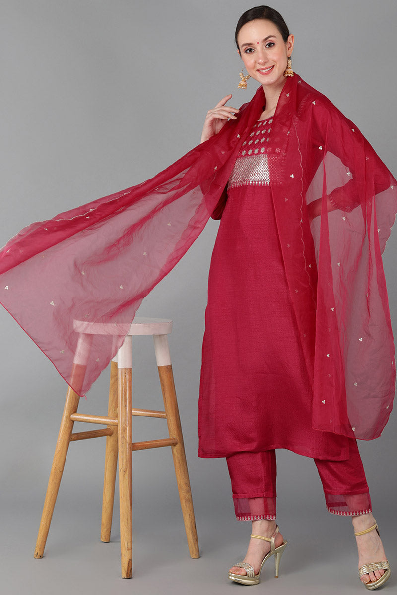 Fuchsia Red Poly Silk Straight Kurta Pant With Dupatta | SHOBITAM