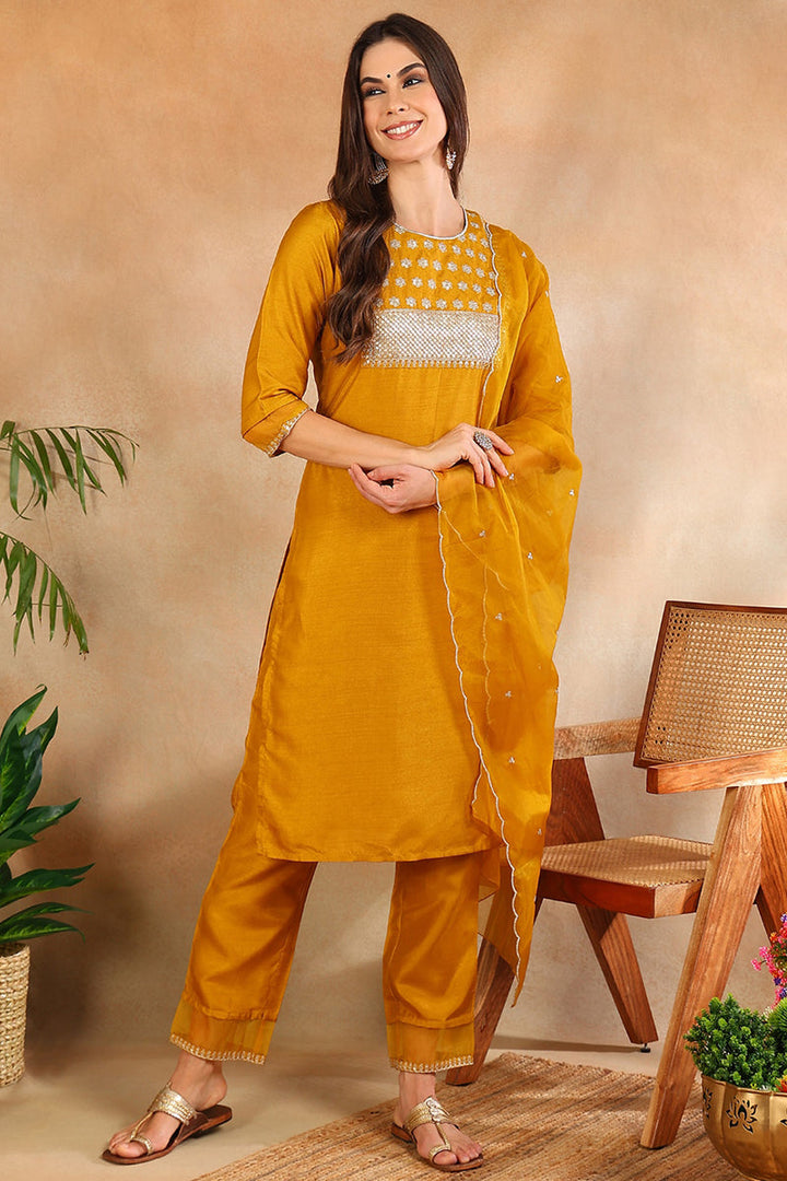 Mustard Poly Silk Straight Suit Set | SHOBITAM