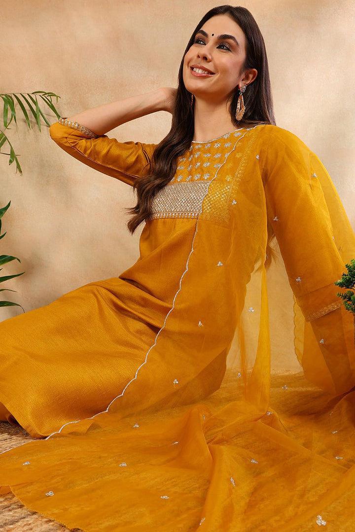 Mustard Poly Silk Straight Suit Set | SHOBITAM