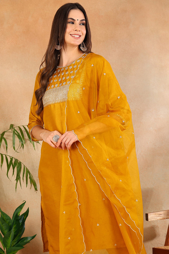 Mustard Poly Silk Straight Suit Set | SHOBITAM