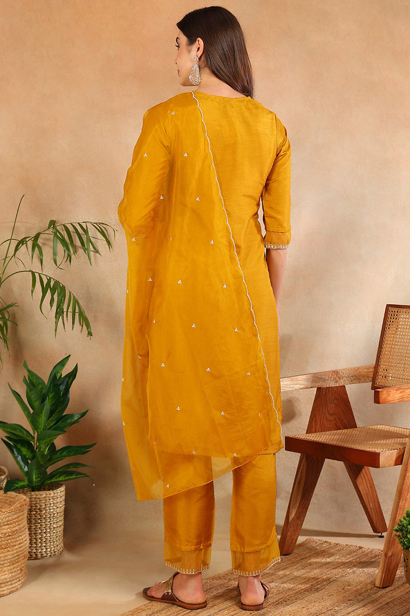 Mustard Poly Silk Straight Suit Set | SHOBITAM