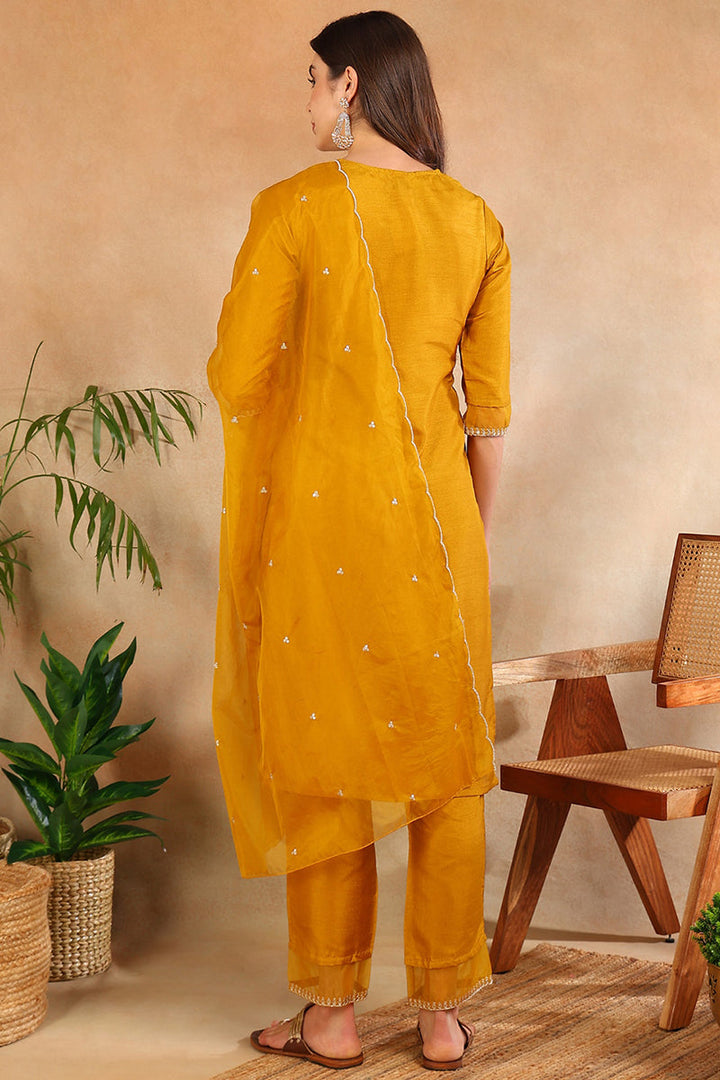 Mustard Poly Silk Straight Suit Set | SHOBITAM