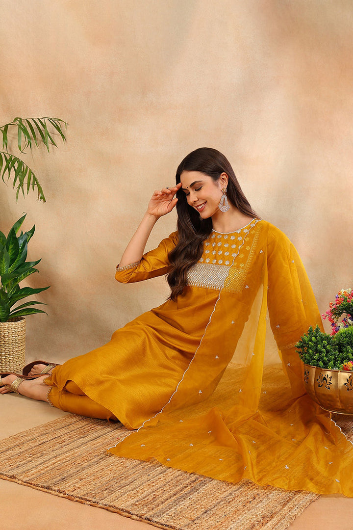 Mustard Poly Silk Straight Suit Set | SHOBITAM