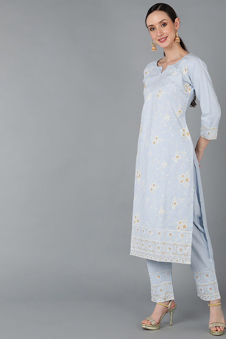 Light Blue Cotton Embroidered Ethnic Straight Kurta Pant With Dupatta | SHOBITAM