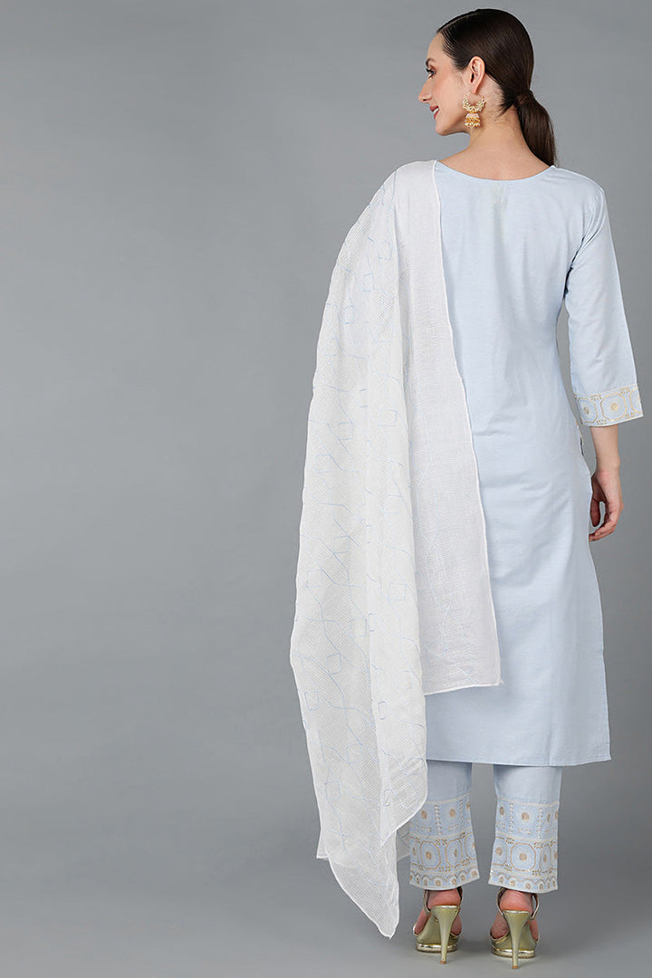 Light Blue Cotton Embroidered Ethnic Straight Kurta Pant With Dupatta | SHOBITAM