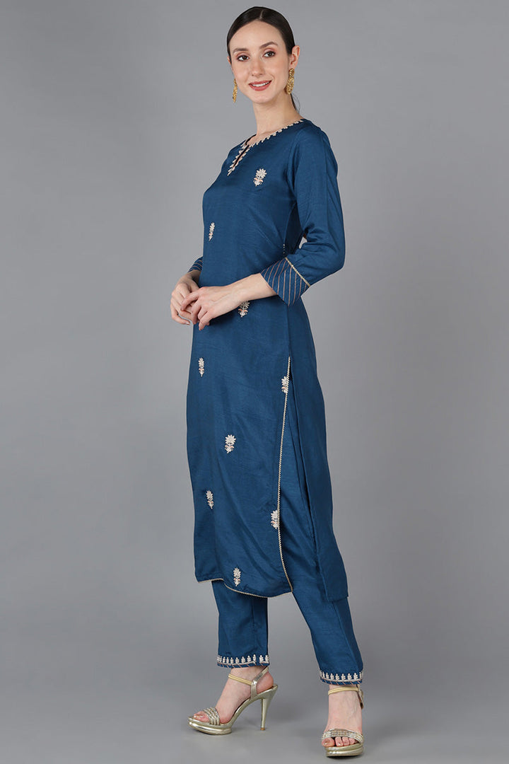 Teal Silk Blend Embroidered Kurta  | SHOBITAM