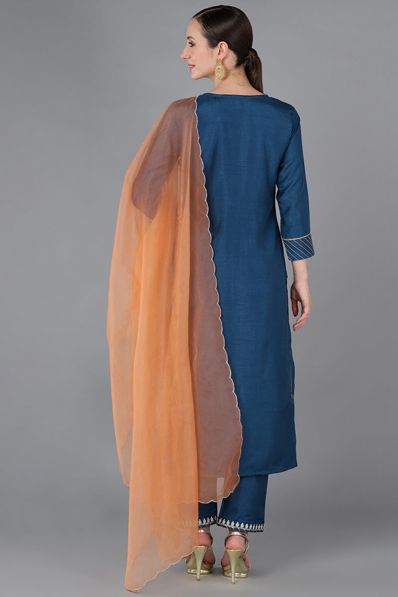 Teal Silk Blend Embroidered Kurta  | SHOBITAM