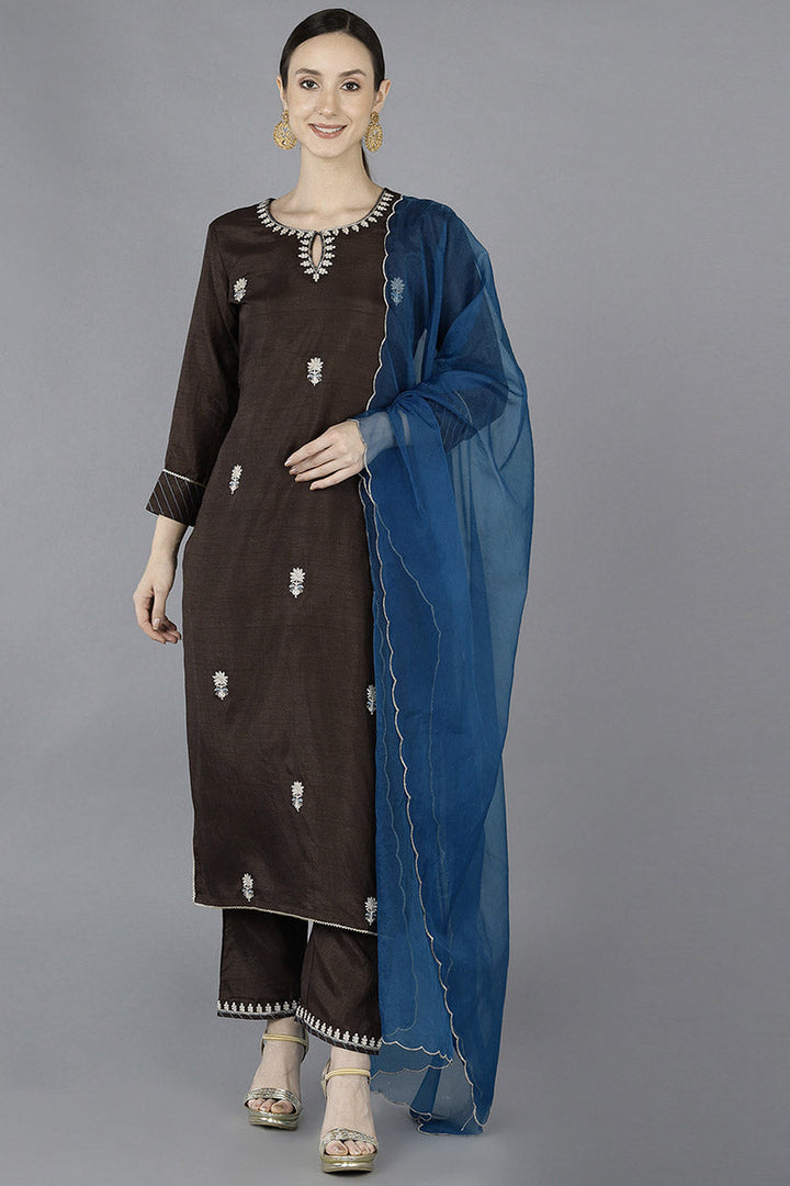 Grey Silk Blend Embroidered Kurta  | SHOBITAM
