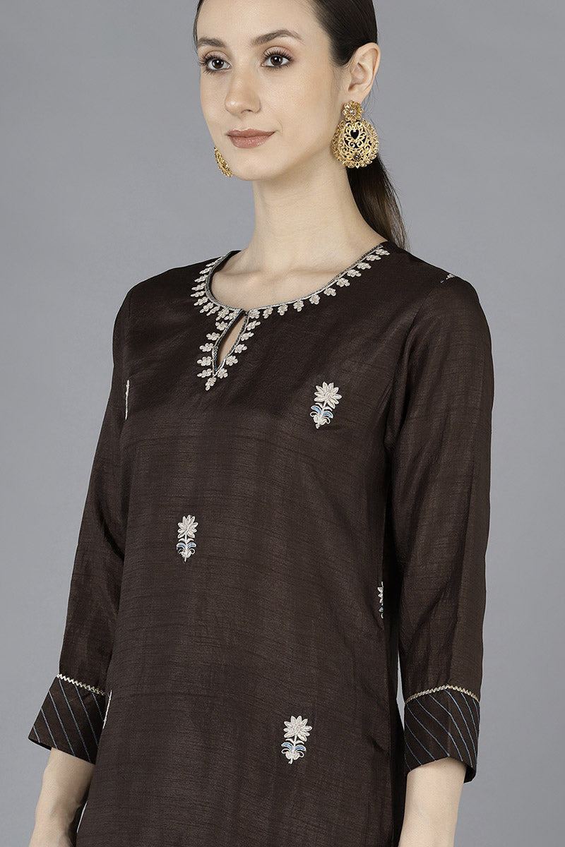 Grey Silk Blend Embroidered Kurta  | SHOBITAM