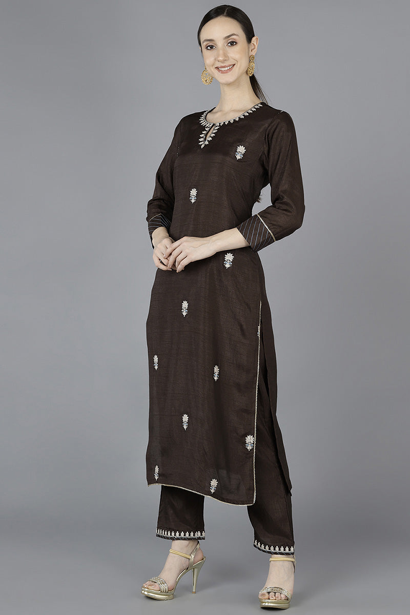 Grey Silk Blend Embroidered Kurta  | SHOBITAM