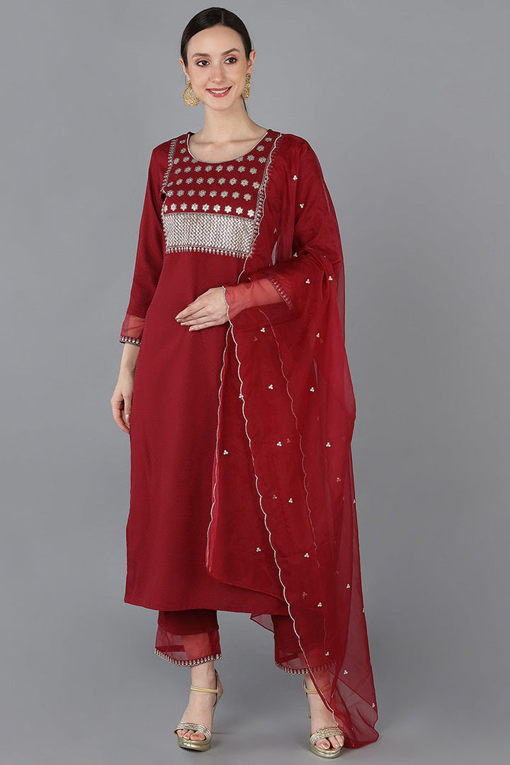 Red Poly Silk Yoke Design | SHOBITAM