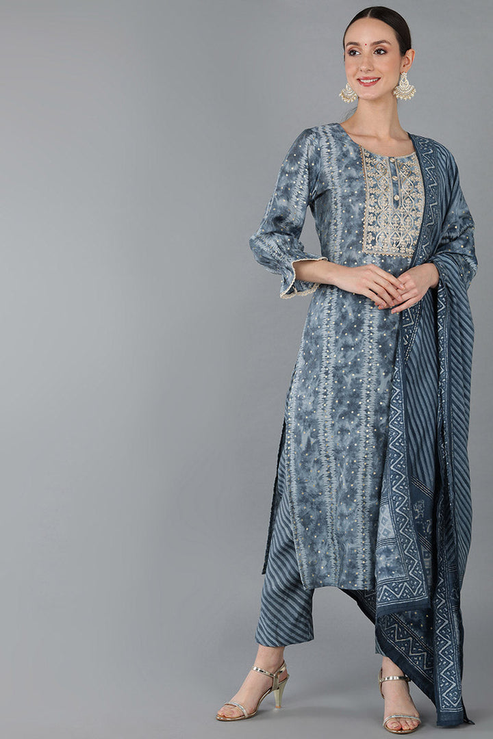 Charcoal Blue Silk Blend Ethnic Motifs Straight Trouser Suit Set | SHOBITAM