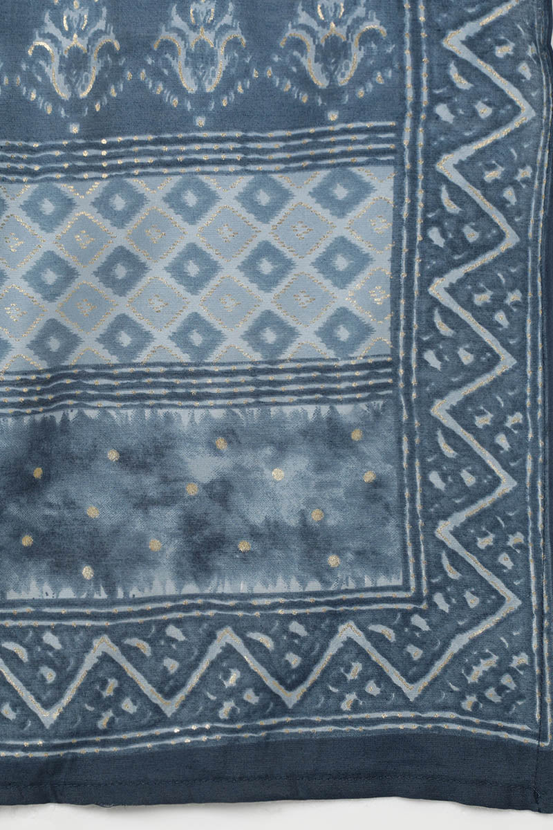 Charcoal Blue Silk Blend Ethnic Motifs Straight Trouser Suit Set | SHOBITAM