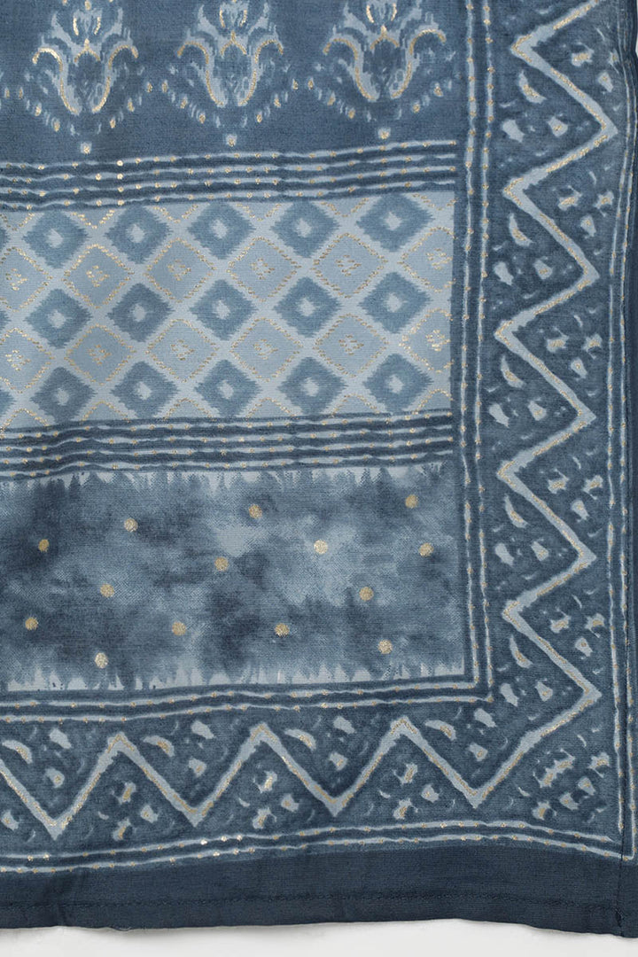 Charcoal Blue Silk Blend Ethnic Motifs Straight Trouser Suit Set | SHOBITAM