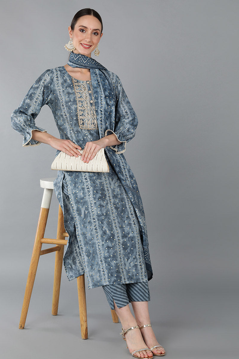 Charcoal Blue Silk Blend Ethnic Motifs Straight Trouser Suit Set | SHOBITAM