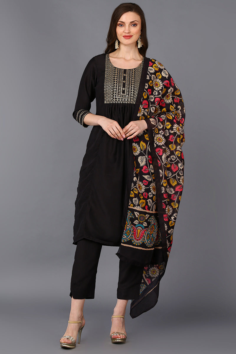 Black Silk Blend Solid Straight Suit Set | SHOBITAM