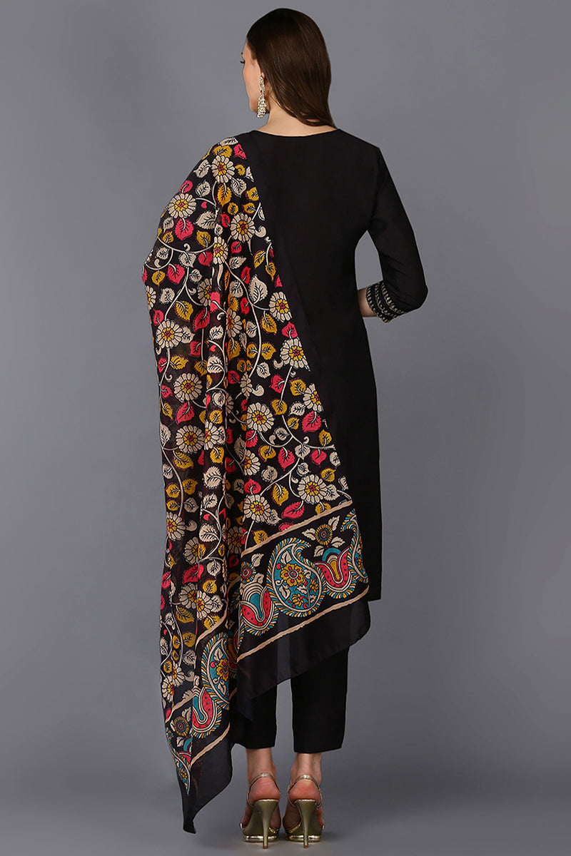 Black Silk Blend Solid Straight Suit Set | SHOBITAM