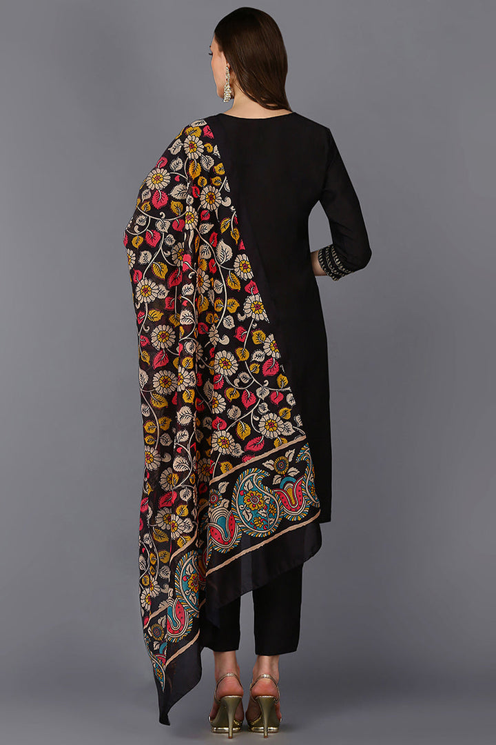 Black Silk Blend Solid Straight Suit Set | SHOBITAM