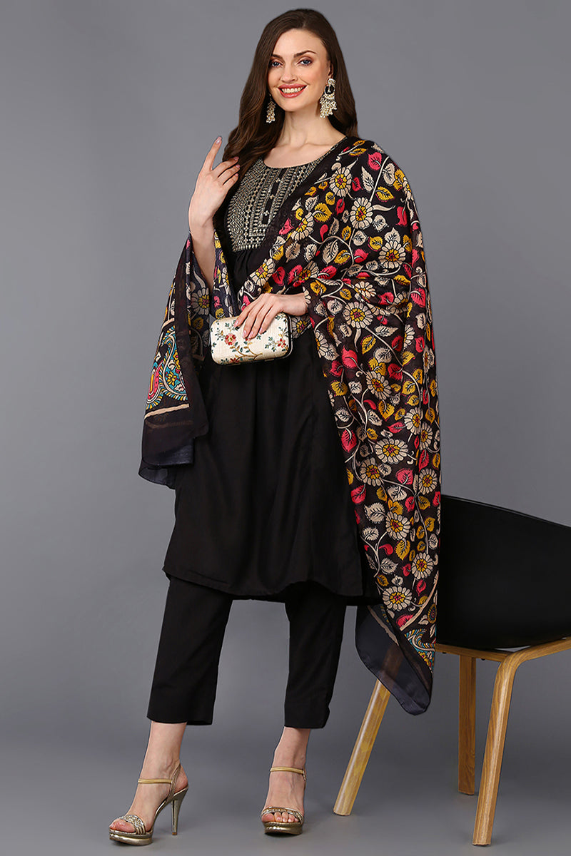 Black Silk Blend Solid Straight Suit Set | SHOBITAM