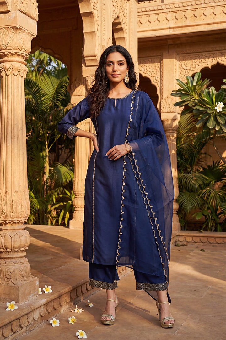 Navy Blue Silk Blend Solid Straight Kurta Trousers With Dupatta   | SHOBITAM