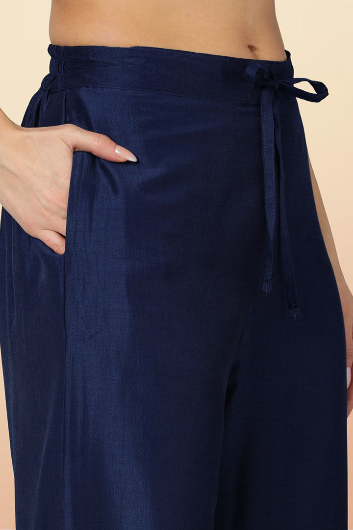 Navy Blue Silk Blend Solid Straight Kurta Trousers With Dupatta   | SHOBITAM