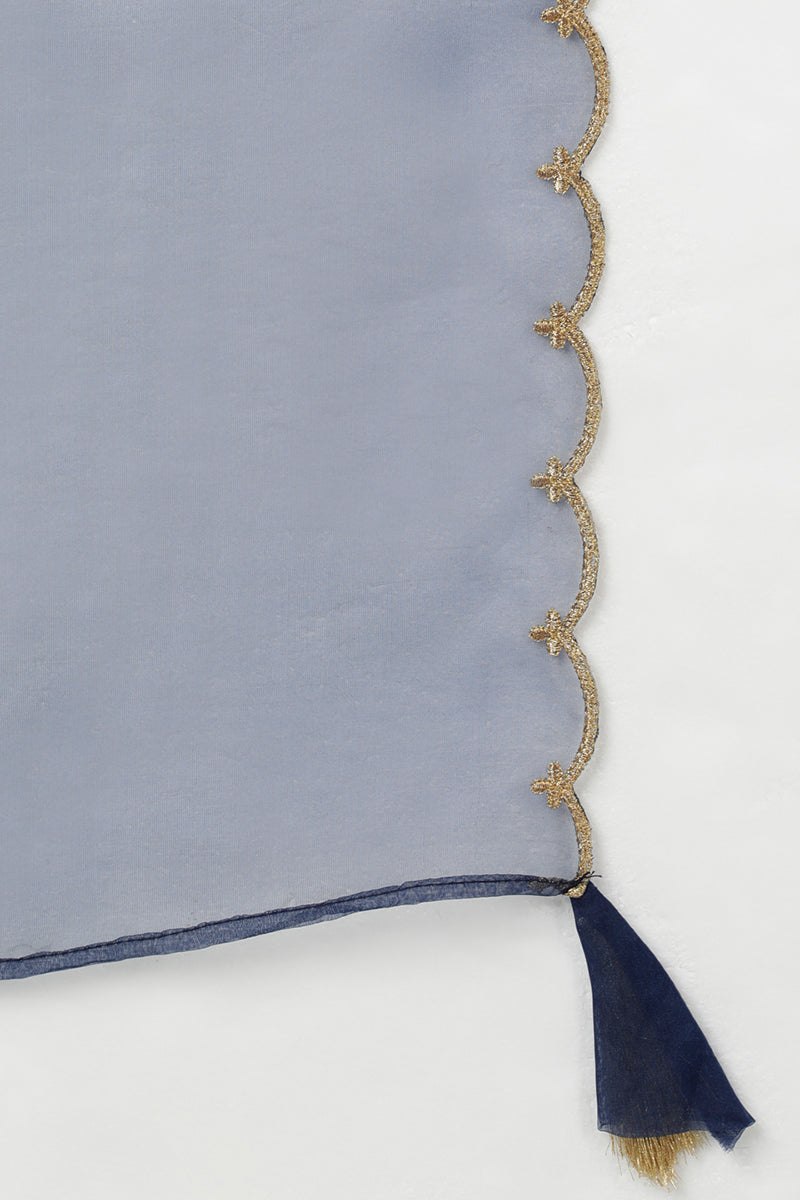 Navy Blue Silk Blend Solid Straight Kurta Trousers With Dupatta   | SHOBITAM
