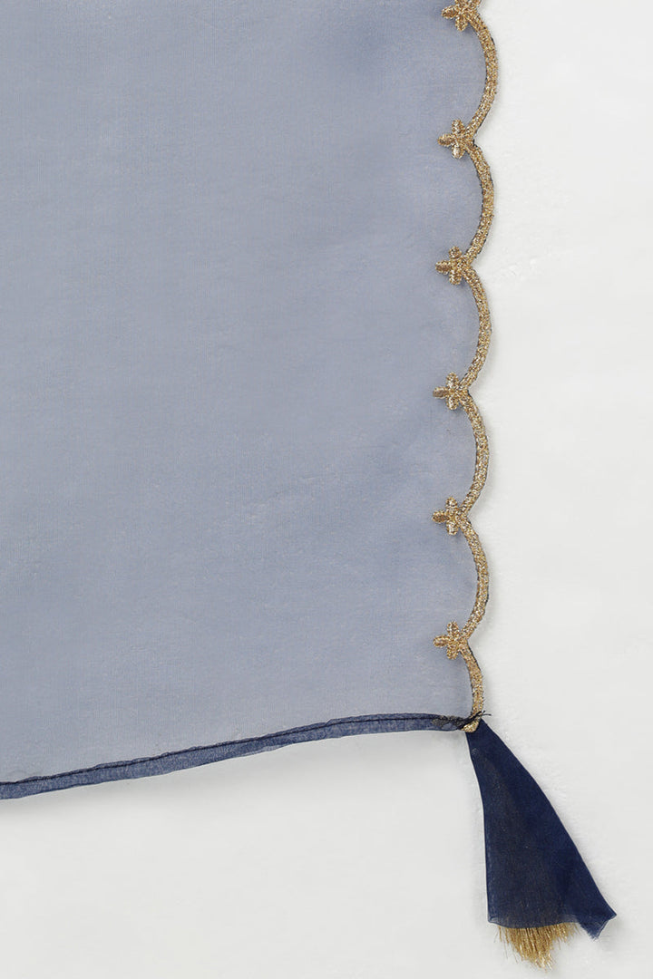 Navy Blue Silk Blend Solid Straight Kurta Trousers With Dupatta   | SHOBITAM