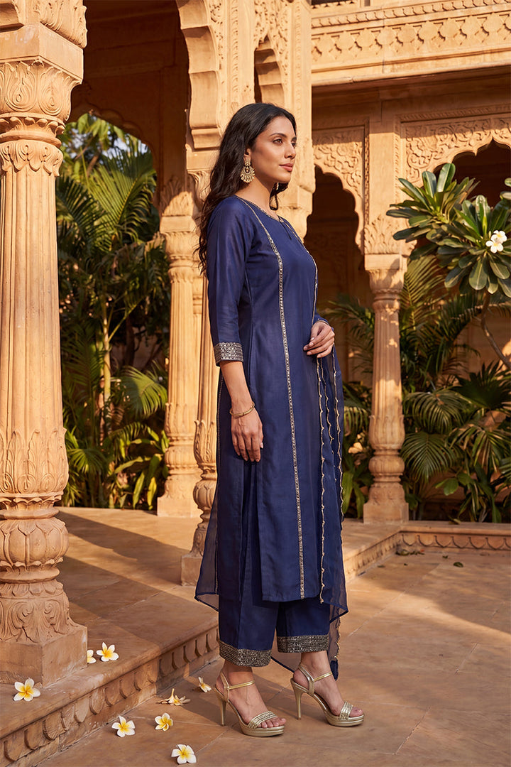 Navy Blue Silk Blend Solid Straight Kurta Trousers With Dupatta   | SHOBITAM