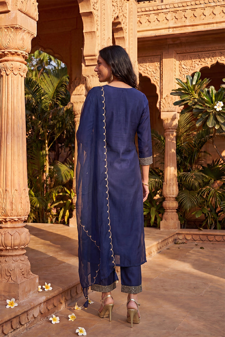 Navy Blue Silk Blend Solid Straight Kurta Trousers With Dupatta   | SHOBITAM