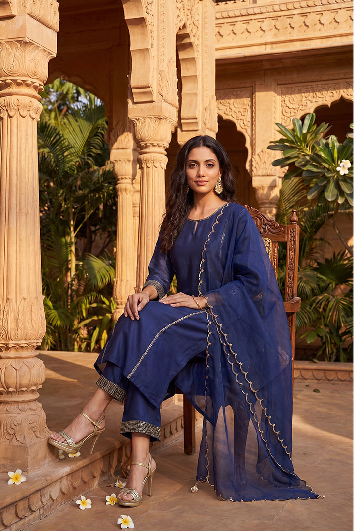 Navy Blue Silk Blend Solid Straight Kurta Trousers With Dupatta   | SHOBITAM