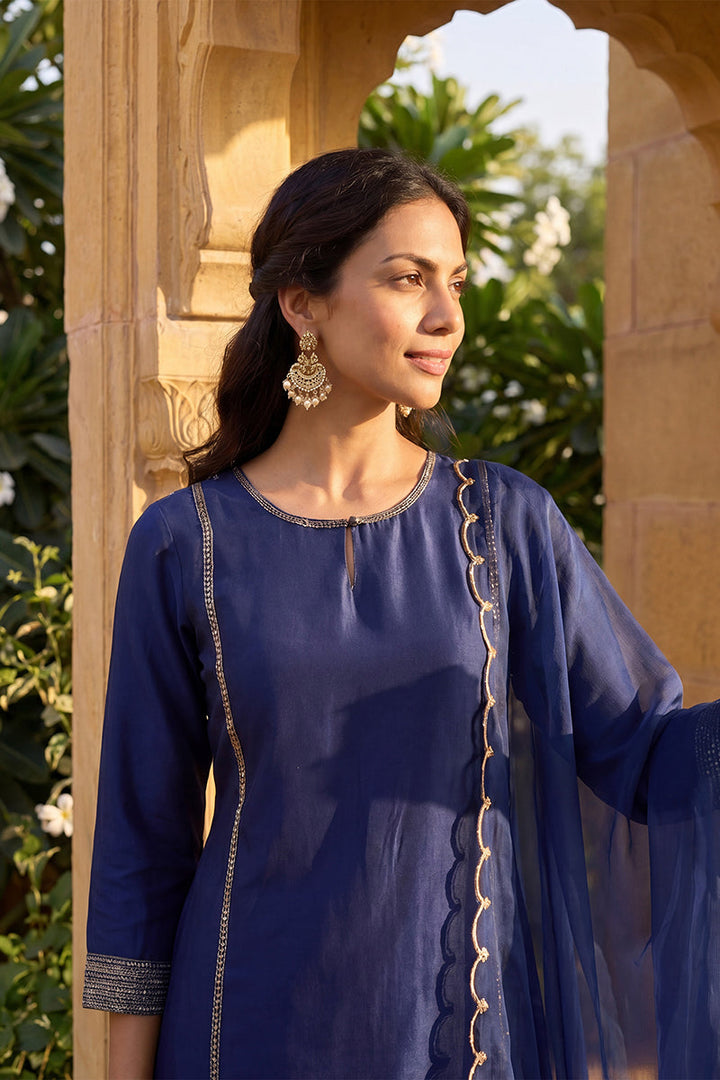 Navy Blue Silk Blend Solid Straight Kurta Trousers With Dupatta   | SHOBITAM