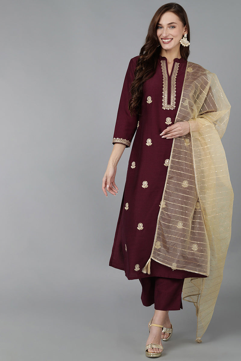 Magenta Silk Blend Solid Straight Kurta Trousers With Dupatta  | SHOBITAM