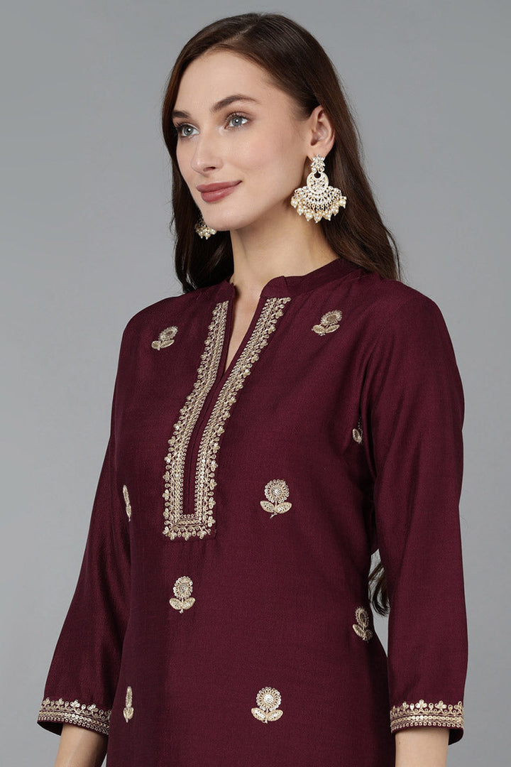 Magenta Silk Blend Solid Straight Kurta Trousers With Dupatta  | SHOBITAM